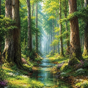 May include: A lush forest landscape featuring a narrow, clear stream flowing through the center. Tall, textured tree trunks line both sides of the water, surrounded by vibrant green grass, small white flowers, and patches of pink blossoms.