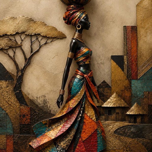 Hand Painted African Woman Portrait Black Gold Colorful Canvas Wall Art