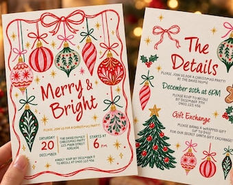 Christmas Bauble Party Invitation, Whimsical Hand Drawn Christmas Ornaments, Editable Canva Template 117