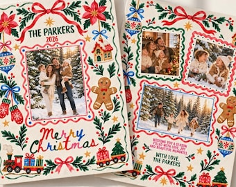 May include: Two rectangular Christmas cards featuring watercolor illustrations of poinsettias, gingerbread men, ornaments, and trains. The cards include personalized photo frames, the text THE PARKERS 2026, Merry Christmas, and With love, the Parkers.