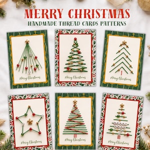 Puede incluir: Seis tarjetas de felicitación rectangulares con diseños de arte en hilo hechos a mano de árboles de Navidad y una estrella. Cada tarjeta muestra patrones de hilo verde, pequeñas cuentas de colores y el texto Merry Christmas escrito a mano.