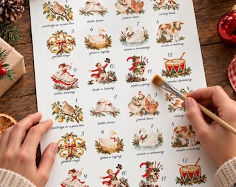 May include: A white paper sheet featuring two repeating sets of twelve illustrations depicting the Twelve Days of Christmas, each labeled with text such as partridge in a pear tree, turtle doves, french hens, calling birds, and golden rings.