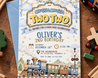 May include: A rectangular birthday invitation card featuring a watercolor train illustration, blue and yellow text reading CHUGGA CHUGGA TWO TWO, OLIVER'S 2ND BIRTHDAY, and event details including Saturday December 28th at 3:00 PM at The Roundhouse.