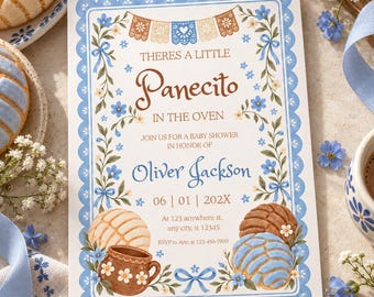 May include: A rectangular baby shower invitation card with a blue scalloped border, featuring floral vines, papel picado banners, and illustrations of concha bread and a clay mug. The text reads: THERES A LITTLE Panecito IN THE OVEN, JOIN US FOR A BABY SHOWER IN HONOR OF Oliver Jackson, 06 | 01 | 202X, At 123 anywhere st, any city, st 12345, RSVP to Ann at 123-456-7890.