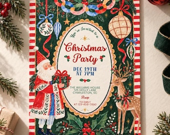 May include: A rectangular Christmas party invitation card featuring a dark green background with a red and white striped border. It displays a watercolor illustration of Santa Claus holding a gift and a reindeer, surrounded by ornaments.