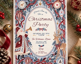 May include: A rectangular Christmas party invitation card featuring a watercolor illustration of Santa Claus with a trumpet and a reindeer. The text reads: Please Join Us for a Christmas Party, Saturday, Dec 19th 7:00PM, The Williams Home, 125 Holly Lane, Charleston, SC, RSVP to Emily at 123-456-7890.