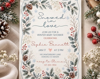 May include: A rectangular winter baby shower invitation card featuring the text Snowed in love, Join us for a winter baby shower, celebrating Sophie Bennett, Jan 17 at 2 PM, 145 Winterberry Lane, Denver, CO 80206, and rsvp to Olivia 123-456-7890.