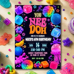 May include: A rectangular birthday invitation card with a black background featuring colorful graphics of Nee Doh stress balls, slime, and fruit. The text reads: YOU NEE DOH JOIN US TO CELEBRATE NICO'S 6TH BIRTHDAY SUN 14 JUNE 2:30-5:00 PM LAUNCH TRAMPOLINE PARK 321 MAIN ST. BOSTON RSVP: 123-456-7890.