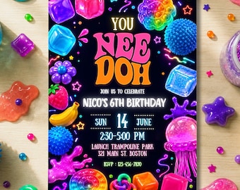 May include: A rectangular birthday invitation card with a black background featuring colorful graphics of Nee Doh stress balls, slime, and fruit. The text reads: YOU NEE DOH JOIN US TO CELEBRATE NICO'S 6TH BIRTHDAY SUN 14 JUNE 2:30-5:00 PM LAUNCH TRAMPOLINE PARK 321 MAIN ST. BOSTON RSVP: 123-456-7890.