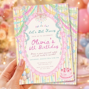 Invitation d'anniversaire élégante pour fille, invitation colorée « Ooh La La », modèle Canva modifiable 063