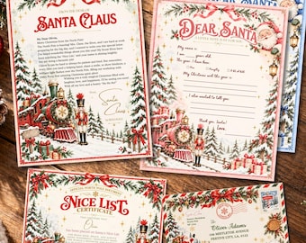 May include: A collection of four Christmas-themed stationery items including a letter from Santa Claus, a Dear Santa wish list, a Nice List certificate, and a mailing envelope, all featuring illustrations of trains, nutcrackers, and pine trees.