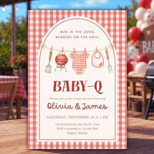 May include: A rectangular baby shower invitation with a red and white gingham border. The center features an arched design with a clothesline displaying a spatula, a grill, a baby onesie, and a bib. Text reads: Bun in the oven, burgers on the grill, BABY-Q, Olivia & James, Saturday, September 20 at 3 PM, 123 Anywhere St, Any City ST 12345, RSVP to Amanda at 123-456-7890, Registry: Babylist.
