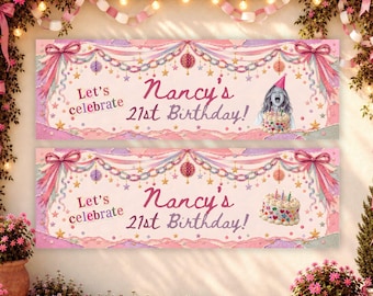May include: A rectangular birthday banner featuring a light pink background with pink bows, hanging garlands, and stars. The text reads Let's celebrate Nancy's 21st Birthday. One version shows a person in a party hat with a cake, the other a cake.