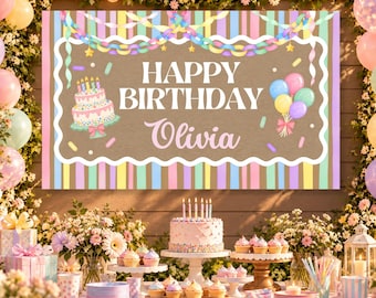 May include: A rectangular birthday banner with a brown center featuring the text Happy Birthday Olivia in white, surrounded by a white scalloped border, a cake illustration, balloons, and a pastel striped background with colorful confetti.