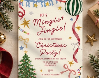 May include: A cream-colored Christmas party invitation featuring the text Let's Mingle and Jingle, Join Us for Our Annual Christmas Party, Saturday, December 19th at 6:30 PM, The Williams House, 125 Holly Lane, Charleston, SC, and RSVP to Emily at 843.555.0142.