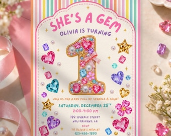 May include: A birthday invitation card featuring a large number one filled with colorful gemstones, pearls, and a small pink bow. The text reads: SHE'S A GEM, OLIVIA IS TURNING, JOIN US FOR A DAY FULL OF SPARKLE & SHINE, SATURDAY, DECEMBER 28TH, 2:00-4:00 PM, 789 SPARKLE STREET, NEW ORLEANS, LA, RSVP TO OLIVIA'S MOM AT 123-456-1890.