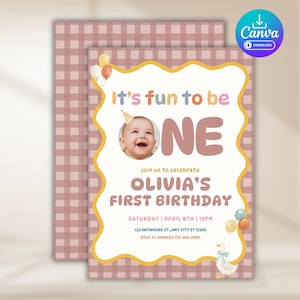 Blush Pink It’s Fun to Be One Birthday Invitation Photo First Birthday Editable Canva Template