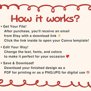 May include: An instructional graphic with a red hand-drawn border on a cream background. The text reads: How it works? Get Your File! After purchase, you'll receive an email from Etsy with a download link. Click the link inside to open your Canva template! Edit Your Way! Change the text, fonts, and colors to make it perfect for your occasion. Save & Download! Download your finished design as a PDF for printing or as a PNG/JPG for digital use.
