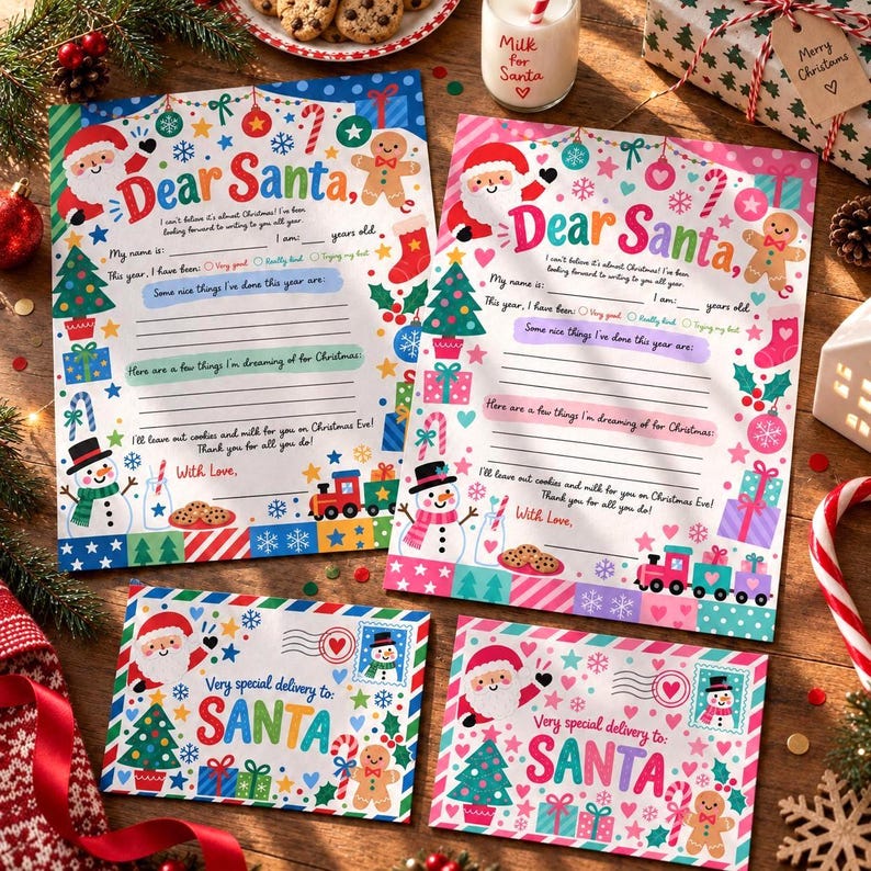 Kids Letter to Santa Printable Set, Blue & Pink Christmas Wish List ...