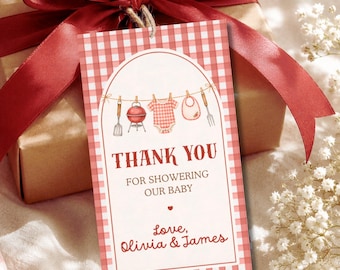 Bewerkbare Baby-Q cadeaulabels, bedankkaartjes voor een babyshower met barbecue, Canva-sjabloon 055