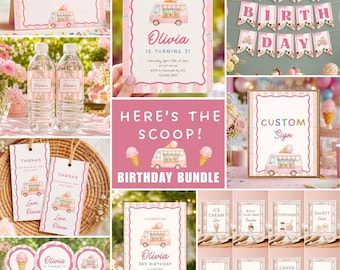 May include: A birthday party bundle featuring an ice cream truck theme with pink and white striped accents. Includes a personalized invitation, a Happy Birthday banner, water bottle labels, thank you tags, signs, and table cards with sprinkles.