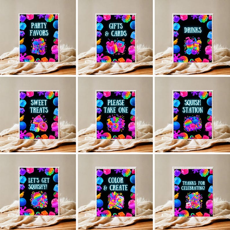 May include: A set of nine rectangular signs with black backgrounds and colorful pop-it toy graphics. Each sign features bright text including Party Favors, Gifts & Cards, Drinks, Sweet Treats, Please Take One, Squish Station, Let's Get Squishy, Color & Create, and Thanks for Celebrating.