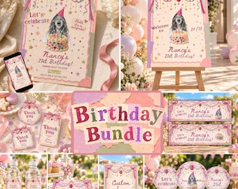 May include: A birthday party stationery bundle featuring a pink and gold theme with hanging garlands, stars, and confetti. The set includes invitations, thank you cards, banners, and cupcake toppers, all displaying the text Nancy's 21st Birthday.
