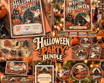 May include: A Halloween party bundle featuring printed invitations, signage, and decorations. Items include a party invitation, a welcome sign, thank you tags, food labels, treat bag toppers, and cupcake toppers, all decorated with ghosts, cats, and pumpkins.
