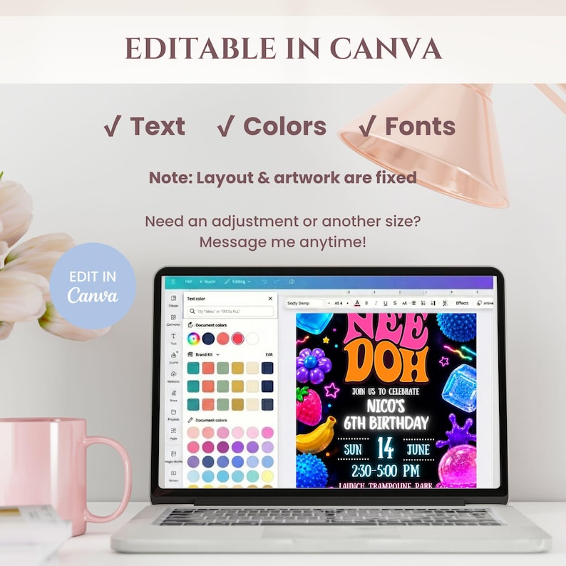 May include: A laptop screen displaying a digital birthday invitation template in Canva. The invitation features the text "NEE DOH", "NICO'S 6TH BIRTHDAY", "SUN 14 JUNE", and "2:30-5:00 PM" surrounded by colorful graphics of fruit and squishy toys.