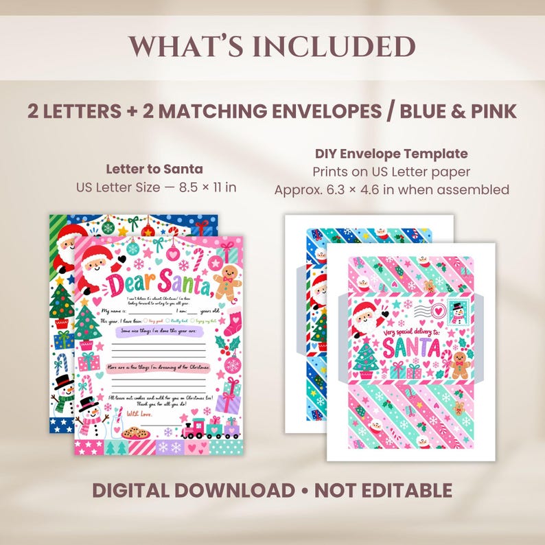 Kids Letter to Santa Printable Set, Blue & Pink Christmas Wish List ...