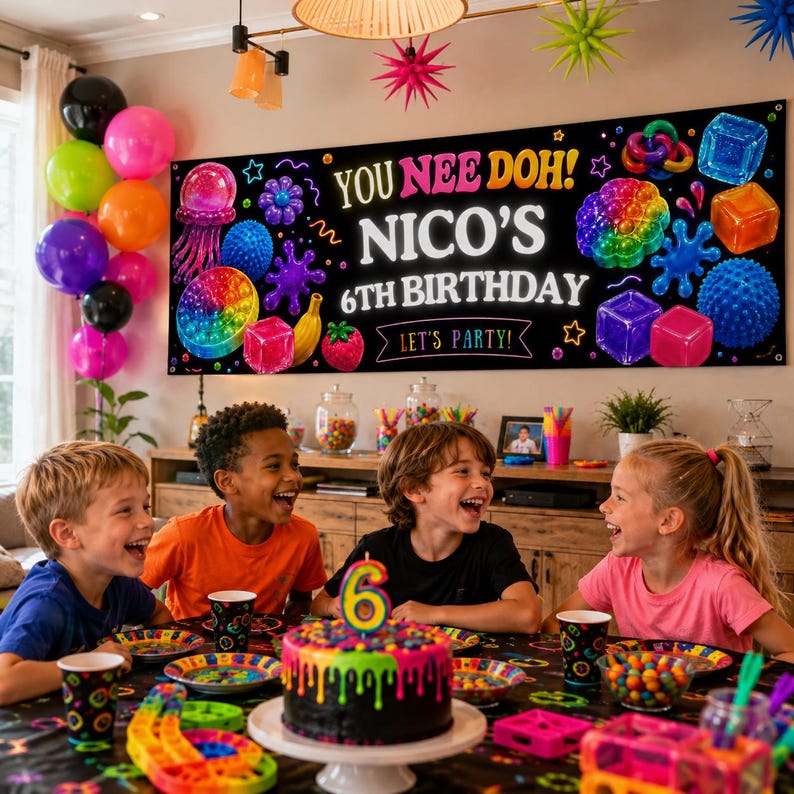 May include: A large black rectangular birthday banner featuring the text YOU NEE DOH! NICO'S 6TH BIRTHDAY LET'S PARTY! surrounded by colorful illustrations of sensory toys, cubes, and fruit shapes against a dark background.