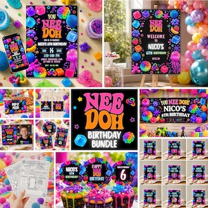 Nee Doh Squishy födelsedagsfestpaket, redigerbara Canva-mallar, barnfestdekorationer, inbjudningsskyltar aktiviteter 067