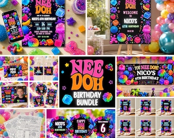 May include: A Nee Doh birthday party bundle featuring black signage with colorful neon graphics of squishy toys, jelly shapes, and fruit. The set includes invitations, welcome signs, banners, cupcake toppers, and activity sheets for a 6th birthday.