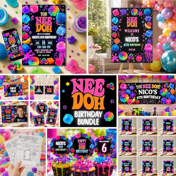 Nee Doh Squishy Birthday Party Bundle, Editable Canva Templates, Kids Party Decorations, Invitation Signs Activities 067
