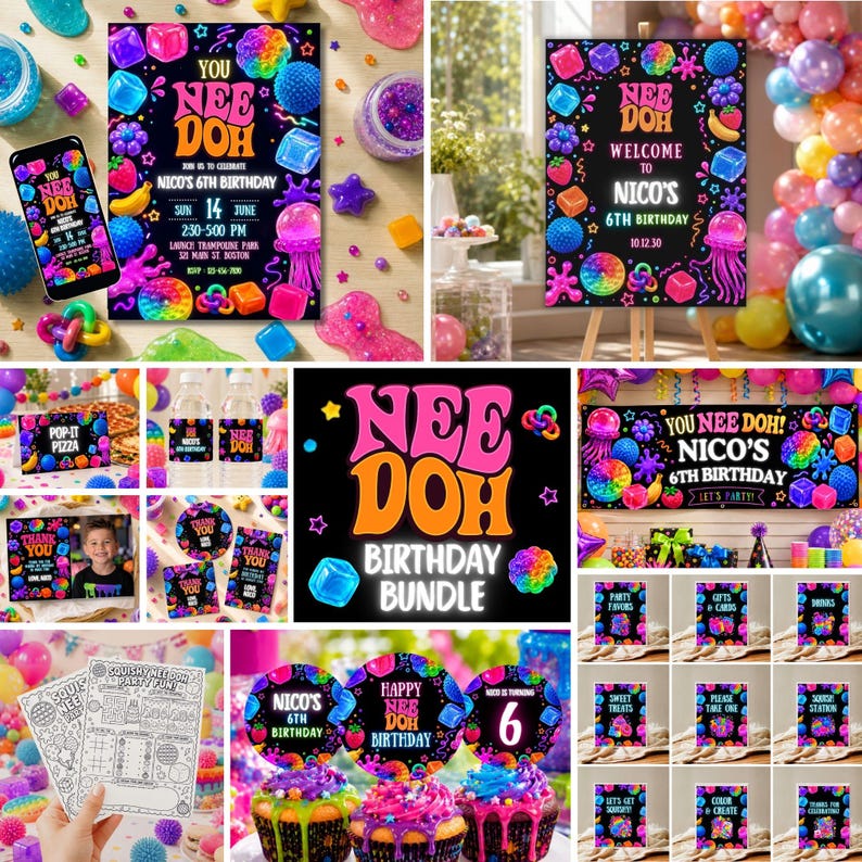 May include: A Nee Doh birthday party bundle featuring black signage with colorful neon graphics of squishy toys, jelly shapes, and fruit. The set includes invitations, welcome signs, banners, cupcake toppers, and activity sheets for a 6th birthday.