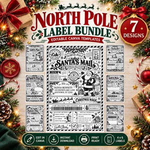 May include: A North Pole label bundle featuring seven editable Canva templates with black and white graphics of Santa Claus, reindeer, and holiday motifs. The central design includes text reading North Pole Santa's Mail Express Delivery.