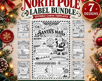 May include: A North Pole label bundle featuring seven editable Canva templates with black and white graphics of Santa Claus, reindeer, and holiday motifs. The central design includes text reading North Pole Santa's Mail Express Delivery.