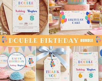 May include: A double birthday celebration bundle featuring printed stationery with colorful balloon and bunting graphics. Items include an invitation, a cake topper, a thank you tag, and a welcome sign, all displaying text like Double Celebration, Ashley, Taylor, and Happy Birthday.