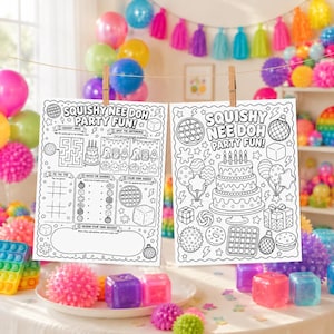 May include: Two white activity sheets with black line art titled Squishy Nee Doh Party Fun, featuring a birthday cake, balloons, gifts, and games like a maze, tic-tac-toe, and spot the difference, hanging from a string with wooden clips.