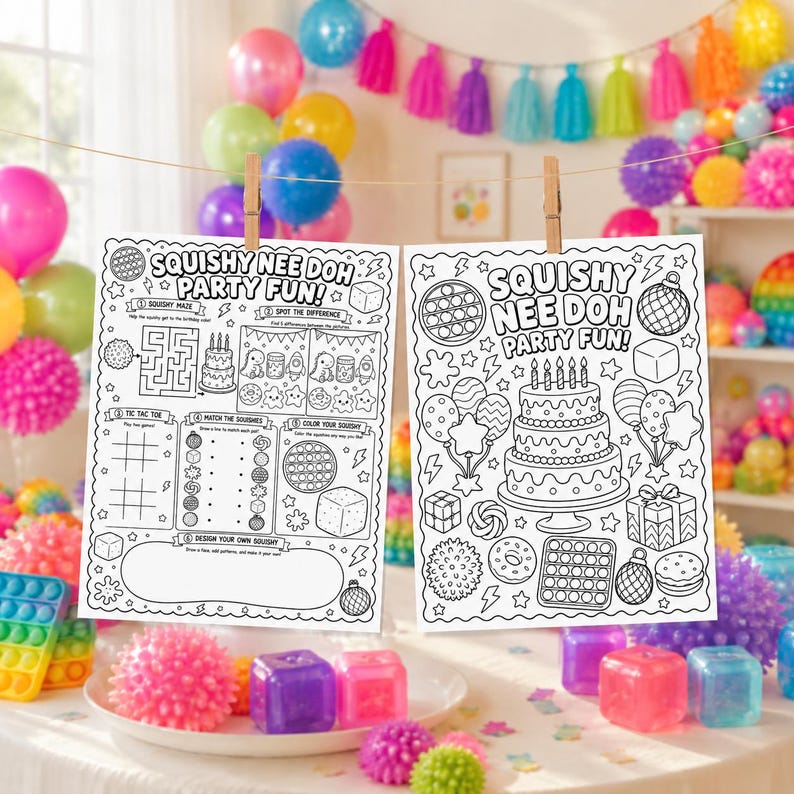 May include: Two white activity sheets with black line art titled Squishy Nee Doh Party Fun, featuring a birthday cake, balloons, gifts, and games like a maze, tic-tac-toe, and spot the difference, hanging from a string with wooden clips.