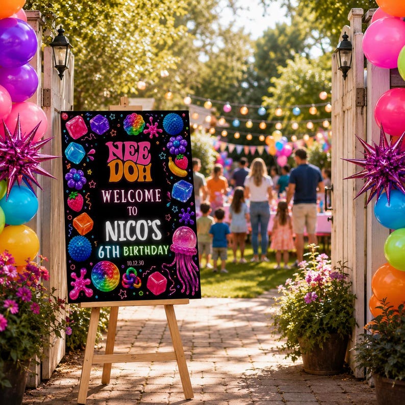 May include: A black rectangular birthday sign on a wooden easel featuring colorful illustrations of geometric shapes, a jellyfish, and fruit. The text reads: NEE DOH WELCOME TO NICO'S 6TH BIRTHDAY 10.12.30. The sign is surrounded by vibrant balloons.