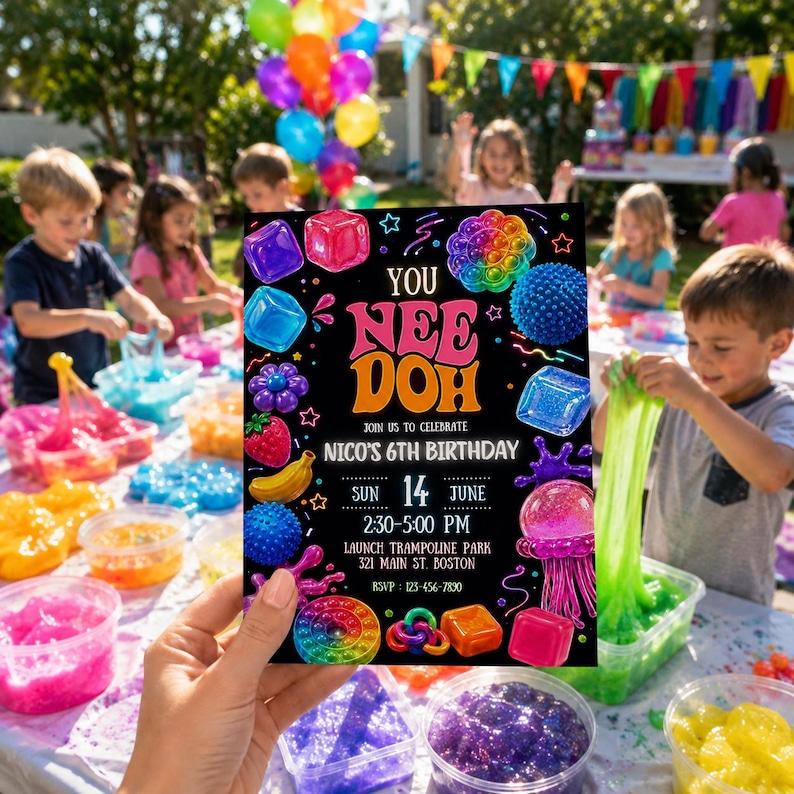 May include: A black birthday invitation card featuring colorful graphics of Nee Doh sensory toys, including cubes, spheres, and a jellyfish. The text reads: YOU NEE DOH, JOIN US TO CELEBRATE NICO'S 6TH BIRTHDAY, SUN 14 JUNE, 2:30-5:00 PM, 321 MAIN ST. BOSTON.