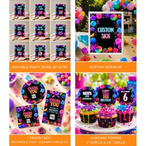 May include: A collection of printable party stationery featuring a black background with colorful neon-style graphics of squishy toys and sweets. The set includes 8x10 inch signs, 2x3.5 inch and 2.5 inch thank you tags, and 2 inch and 2.5 inch cupcake toppers.