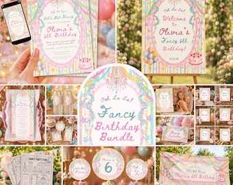 May include: A birthday party stationery bundle featuring pastel striped backgrounds, chandelier illustrations, and pink text reading Ooh La La! Let's Get Fancy, Olivia's 6th Birthday, including invitations, cupcake toppers, signs, and activity sheets.