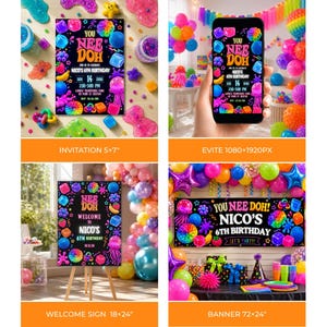 May include: A Nee Doh themed birthday party set including a 5x7 inch invitation, a digital evite, an 18x24 inch welcome sign, and a 72x24 inch banner. All items feature a black background with colorful sensory toys and party text.