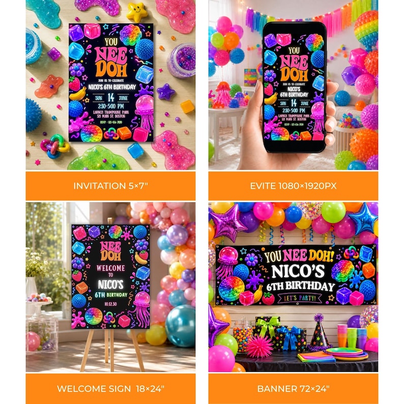 May include: A Nee Doh themed birthday party set including a 5x7 inch invitation, a digital evite, an 18x24 inch welcome sign, and a 72x24 inch banner. All items feature a black background with colorful sensory toys and party text.