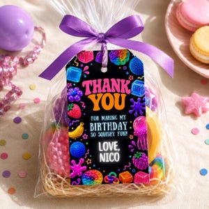 May include: A clear plastic favor bag filled with colorful squishy toys, tied with a purple satin ribbon and a black rectangular tag. The tag features neon-colored graphics of fruit and shapes with the text: THANK YOU FOR MAKING MY BIRTHDAY SO SQUISHY FUN!! LOVE, NICO.