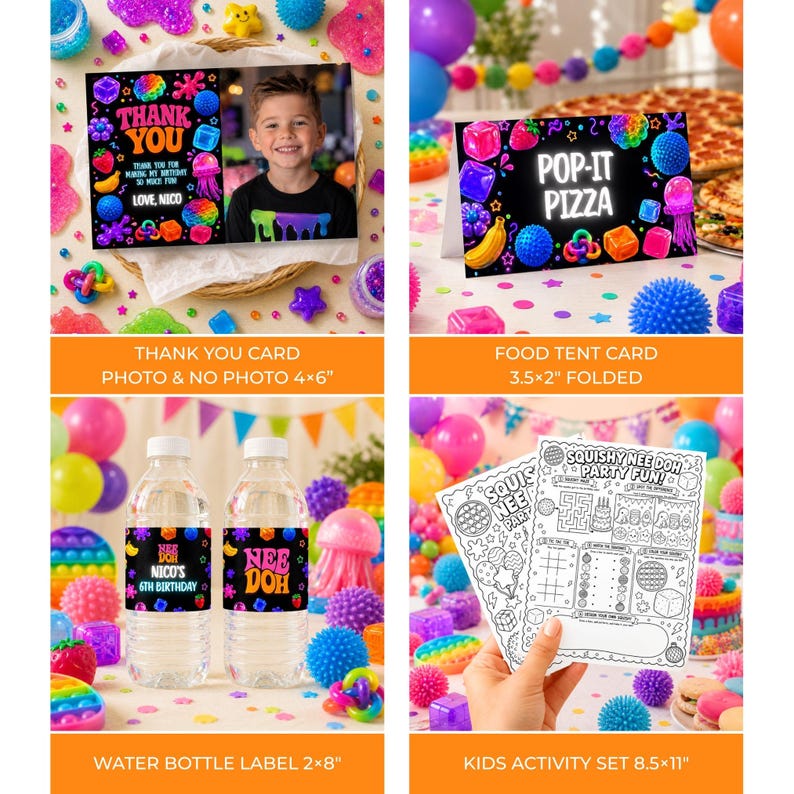 May include: A party stationery set featuring a 4x6 inch thank you card with a photo, a 3.5x2 inch folded food tent card, 2x8 inch water bottle labels, and 8.5x11 inch activity sheets, all decorated with colorful pop-it toy graphics and text.
