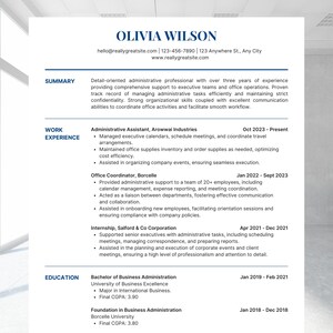 Peut inclure: Un CV pour Olivia Wilson, détaillant son expérience professionnelle en tant qu'assistante administrative et coordinatrice de bureau. Le document comprend son éducation, ses coordonnées et un résumé de ses compétences et de son expérience.