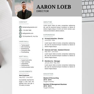 May include: A resume template with a headshot of a man, titled "AARON LOEB, DIRECTOR." The resume includes contact information, skills, experience, and education details. The design is clean with a professional layout, using a light gray and white color scheme.